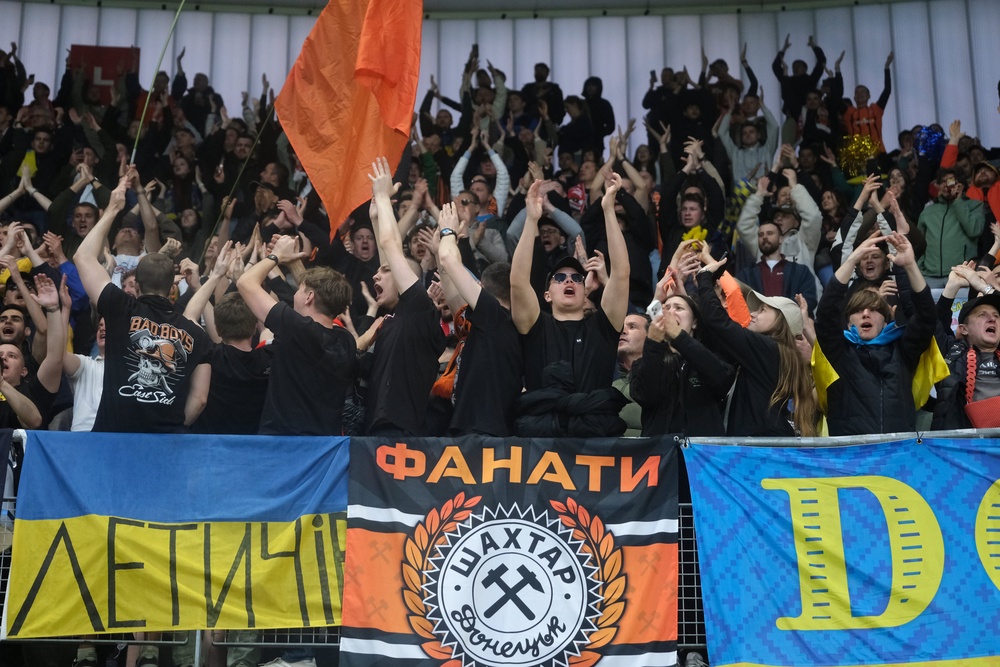 Shakkhtar fans celebrate during the Conference League quarter-final second leg against AZ Alkmaar in the Netherlands (Patrick Post/AP) (AP)