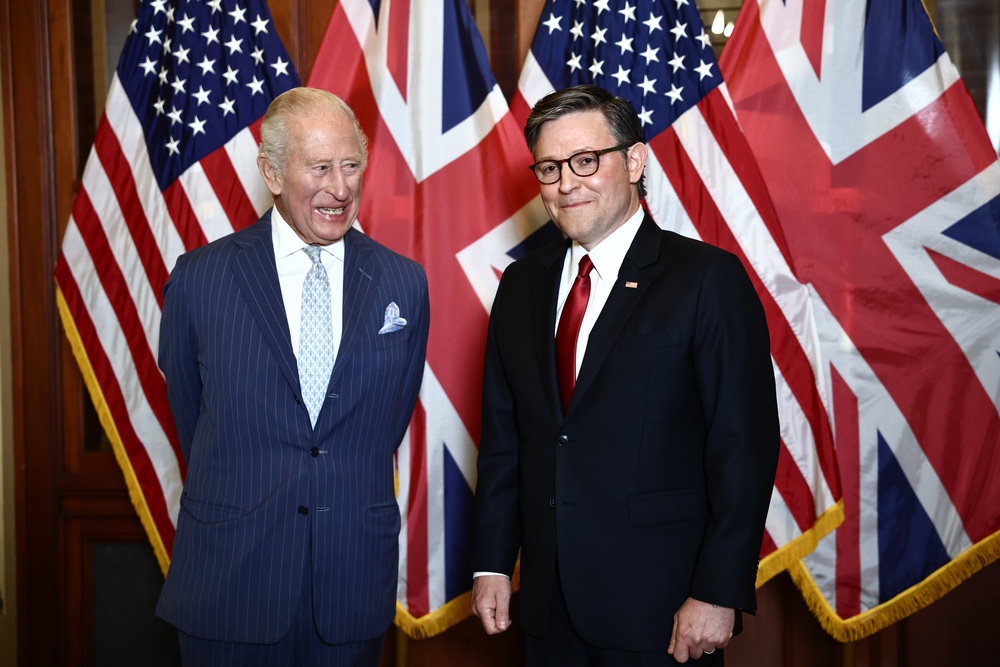 King Charles III greets the U.S. Speaker of the House, Mike Johnson (PA)