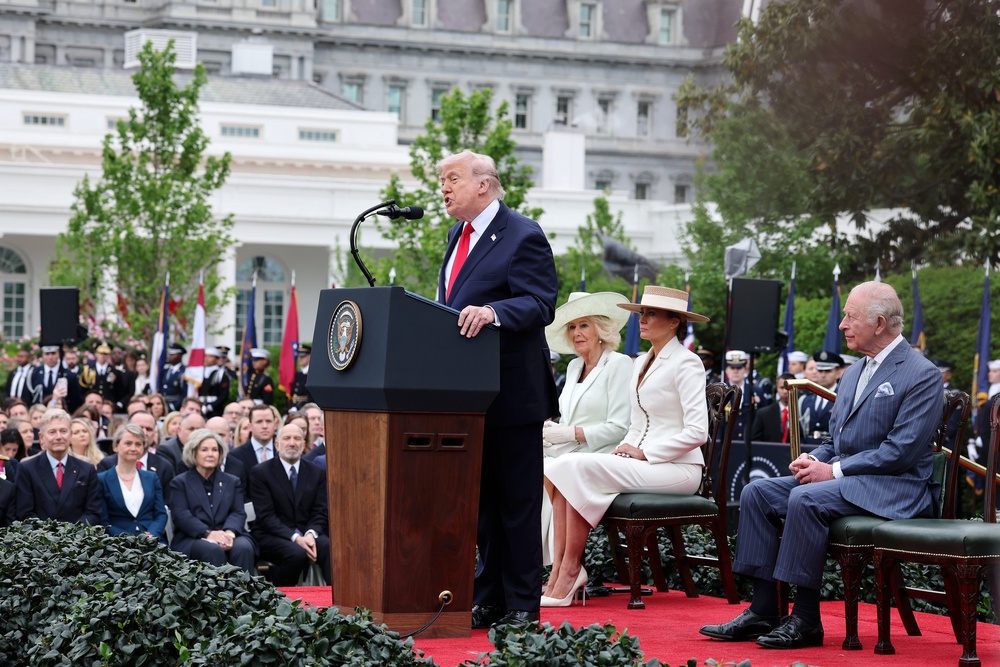 US President Donald Trump speaking during the ceremonial welcome (Chris Jackson/PA) (PA Wire)