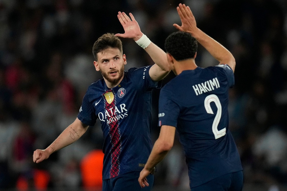 PSG’s Khvicha Kvaratskhelia, left, shone (Christophe Ena/AP) (AP)