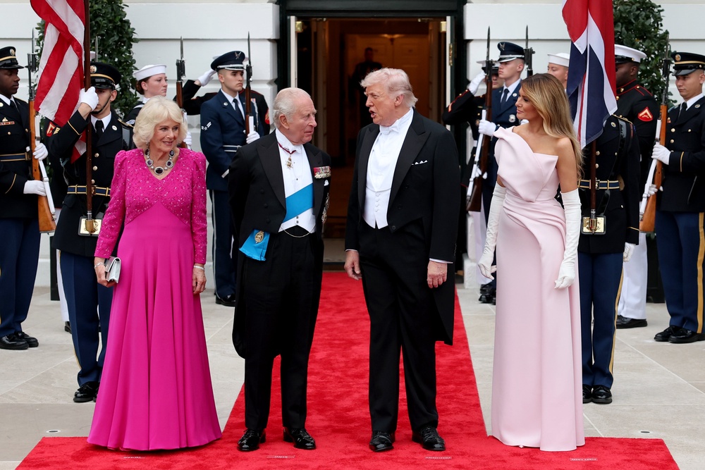 Queen Camilla, King Charles, President Donald Trump and first lady Melania Trump greet each other outside the White House (Getty Images)