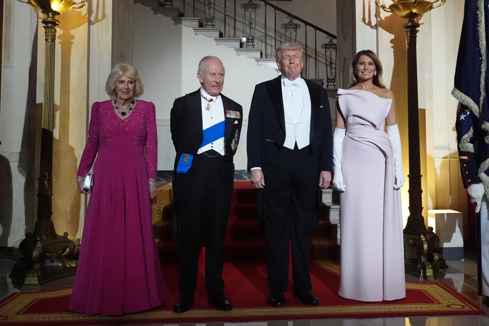 Queen Camilla, King Charles, President Donald Trump and first lady Melania Trump pose for a photo at the White House state dinner (AP)
