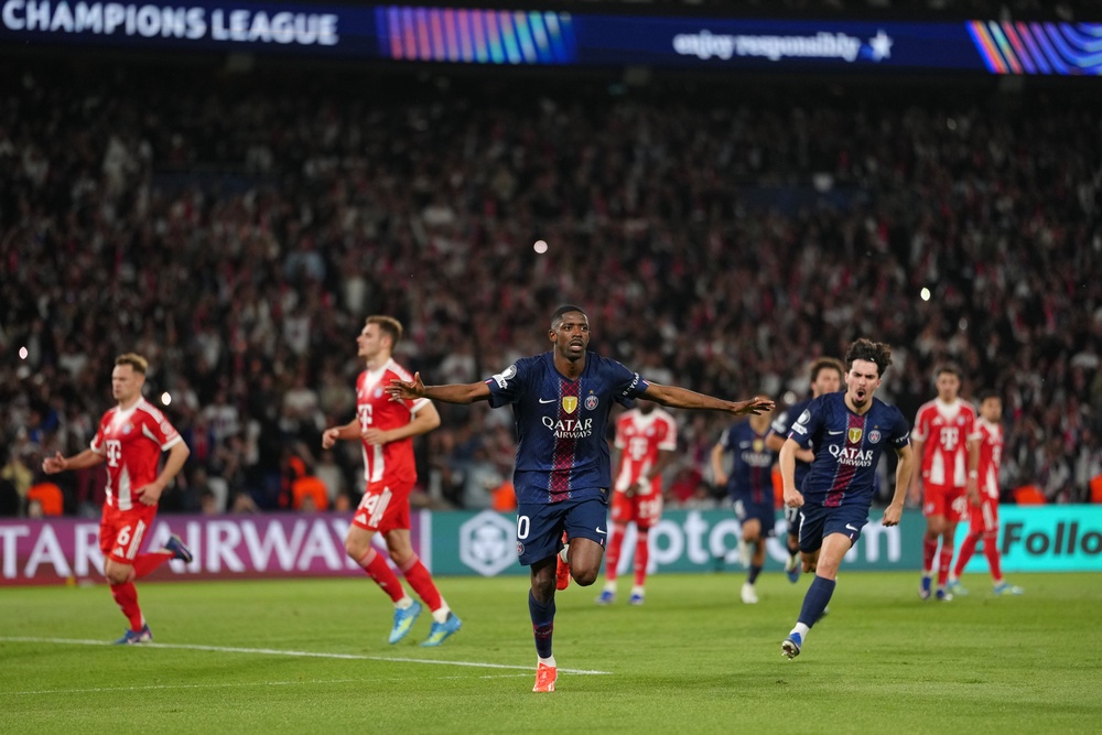 PSG’s Ousmane Dembele celebrates scoring against Bayern Munich (Aurelien Morissard/AP) (AP)