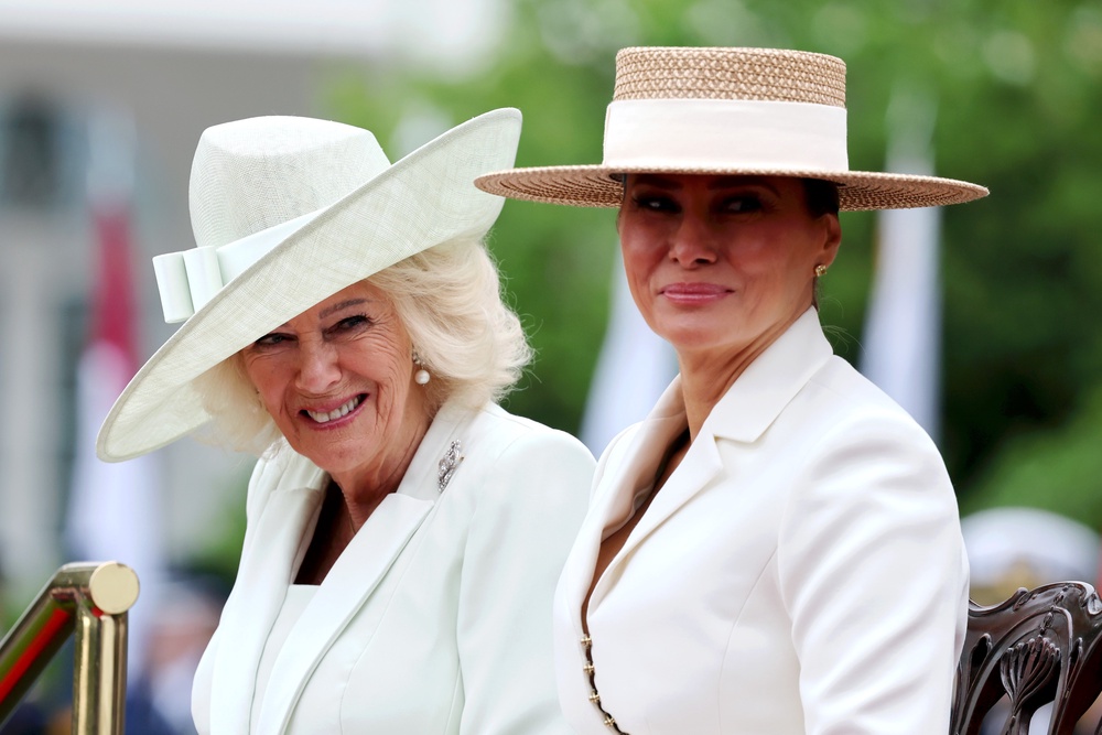 Queen Camilla and First Lady Melania Trump during the ceremonial welcome on the South Lawn of the White House (Chris Jackson/PA) (PA Wire)