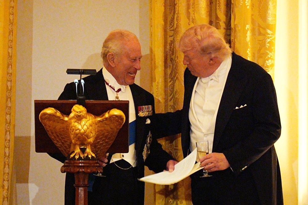King Charles III and President Donald Trump at the State Dinner for the King and Queen Camilla, at the White House in Washington DC, on day two of the state visit to the US. Picture date: Tuesday April 28, 2026. (PA Wire)