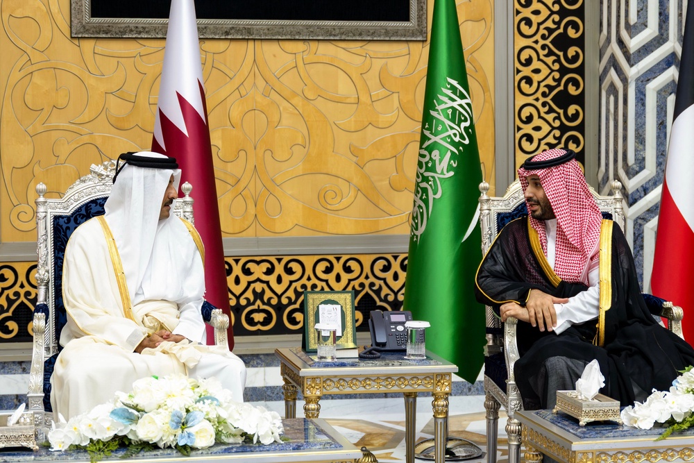 This handout photograph taken and released by Qatar's Amiri Diwan on 28 April 2026, shows Qatar's Emir Sheikh Tamim bin Hamad Al-Thani (L) meeting with Saudi Arabia's Crown Prince Mohammed bin Salman (R) in Jeddah. Saudi Arabia welcomed leaders and officials from across the Gulf on 28 April to discuss the ongoing crisis in the region triggered by the US-Israeli war against Iran (AFP/Getty)