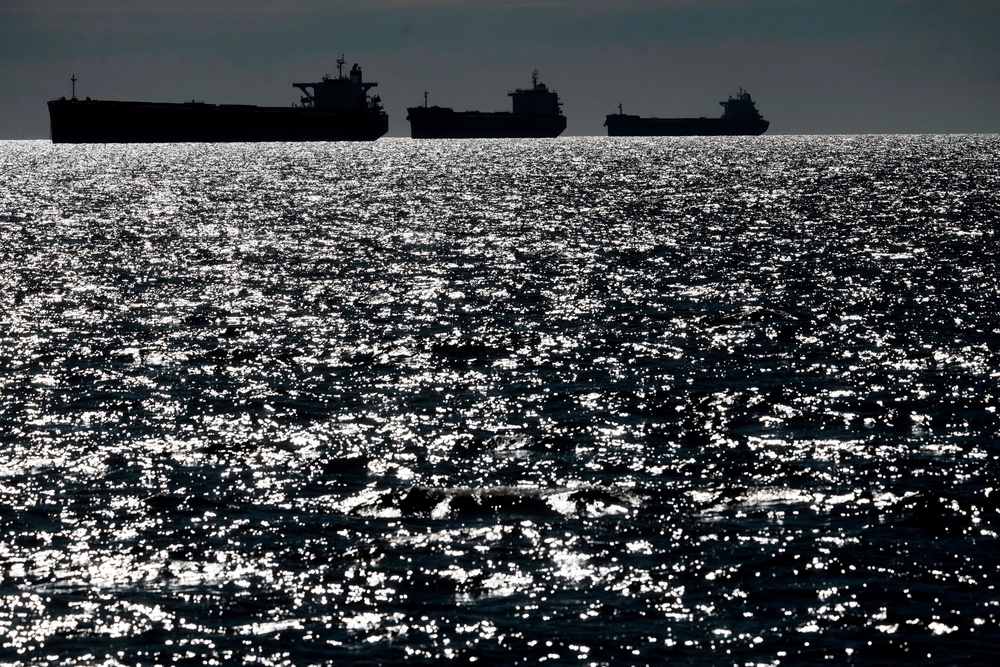 Russia's shadow fleet vessels wait in the unofficial anchorage area in the Gulf of Finland near Vaindloo, Estonia (Reuters)