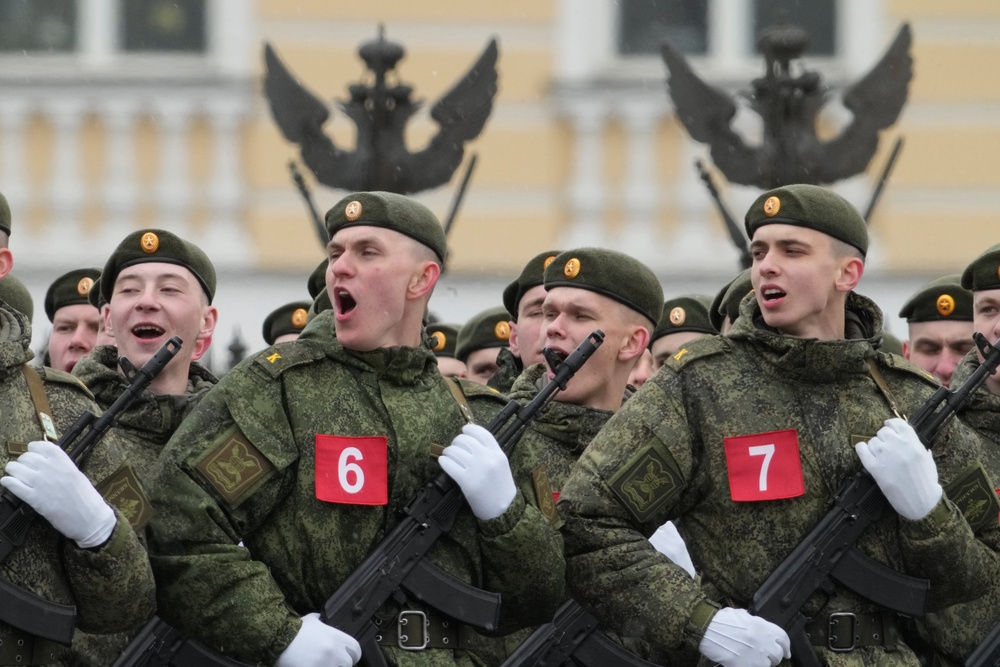 Troops attend a rehearsal for the Victory Day military parade at the Dvortsovaya (Palace) Square in St Petersburg (AP)