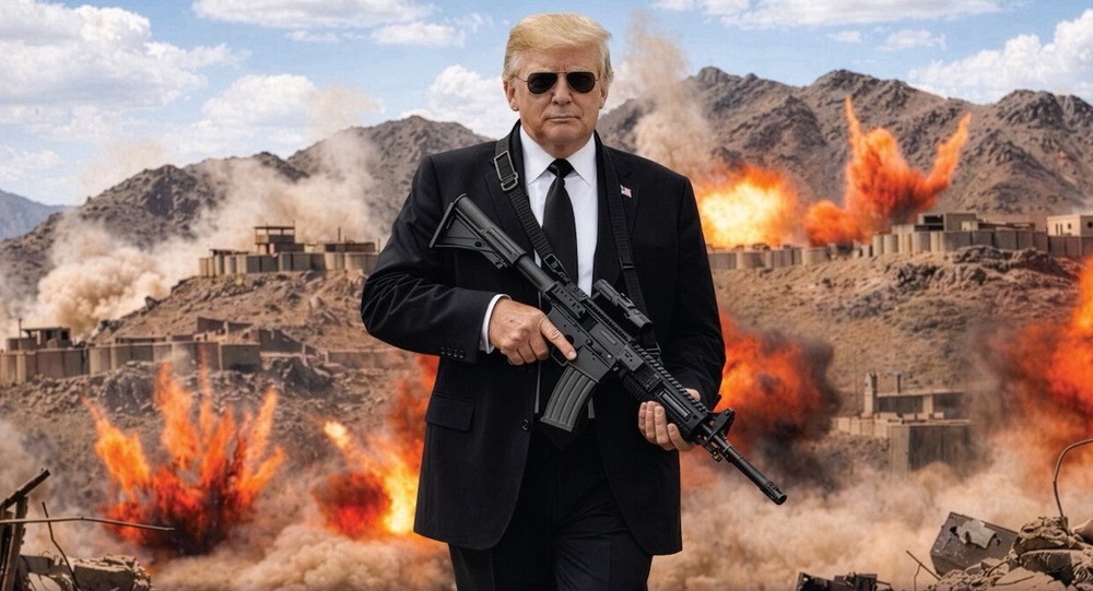 The president has continued to take a belligerent tone with Iran, posting a mock-up photo of himself with an assault rifle this week on social media, but negotiations remain deadlocked to end the war (@realDonaldTrump/Truth Social)
