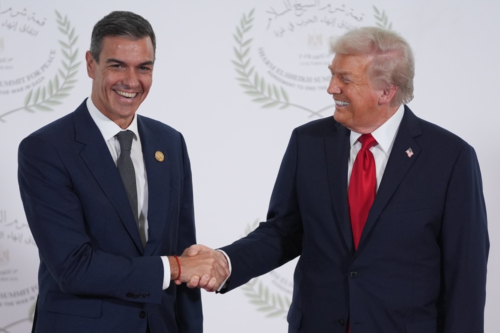 President Donald Trump greets Spain’s prime minister Pedro Sanchez during a world leaders’ summit on ending the Gaza war last October (Getty)