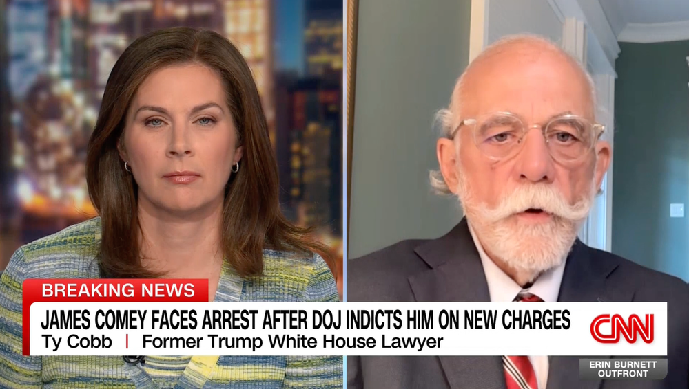 Ex-Trump White House lawyer Ty Cobb tells Erin Burnett the DOJ's attempt to indict Comey over his seashell post amounts to a 'vindictive prosecution' (CNN)
