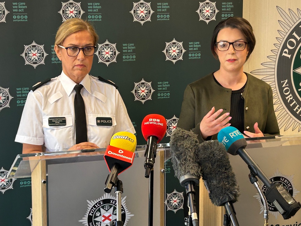 PSNI Assistant Chief Constable Melanie Jones and Stormont Infrastructure Minister Liz Kimmins make a road safety appeal at PSNI headquarters in east Belfast on Wednesday afternoon (Rebecca Black/PA)