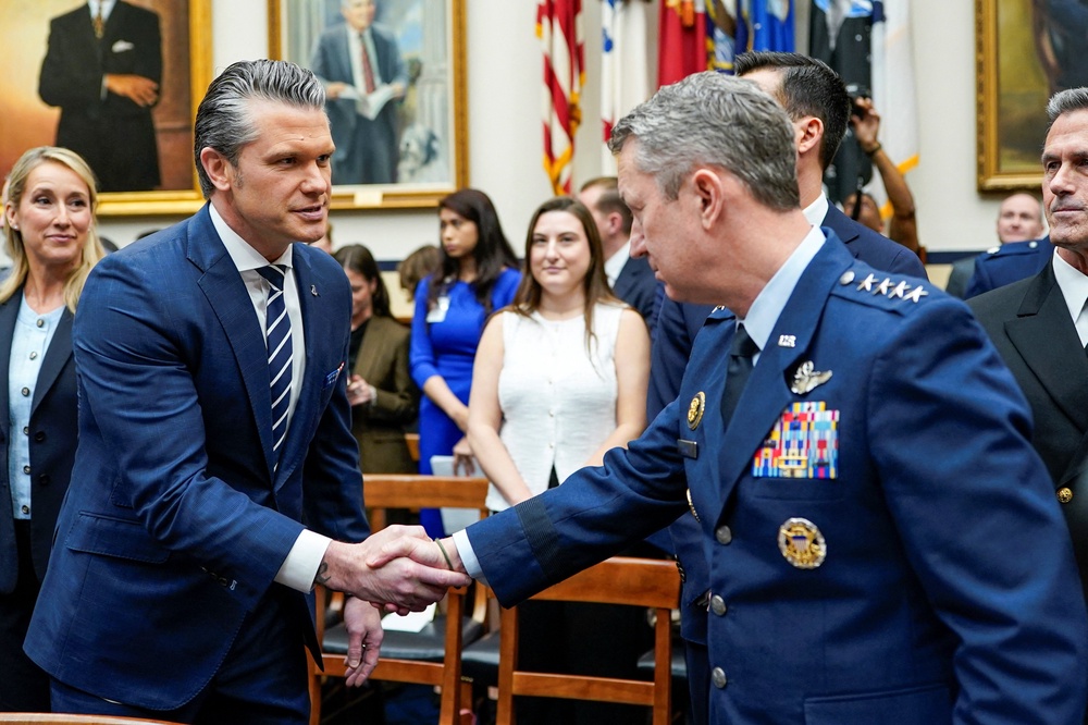 Secretary Pete Hegseth and Joint Chiefs of Staff Gen. Dan Caine arrive at the hearing (Reuters)