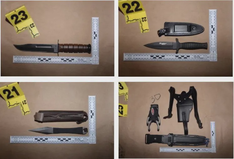 At the time of his arrest, the suspect was allegedly carrying a fully loaded 12-gauge shotgun with additional ammunition attached and stored in a bag, along with a loaded handgun and extra magazines. Authorities say he also had knives, daggers, holsters, a sheath, pliers, wire cutters, and a cellphone. Records indicate both firearms were legally purchased in California at different times (U.S. Department of Justice)