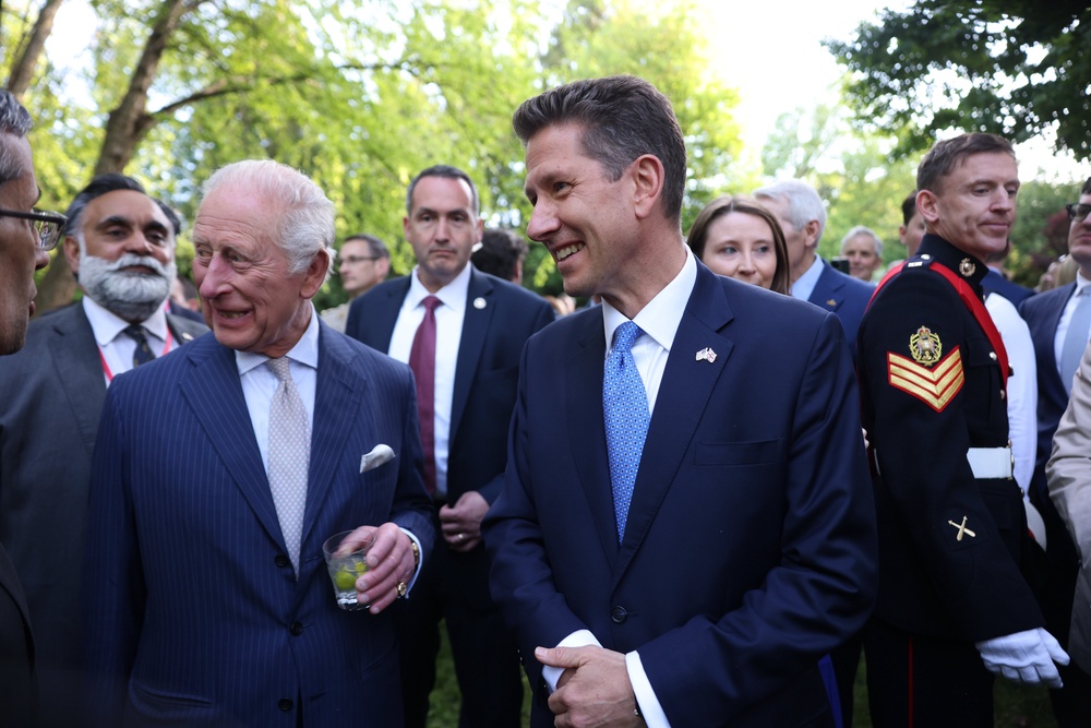 The King with Sir Christian Turner, the UK’s ambassador to the US at a garden party at British Embassy in Washington DC (Ian Vogler/Daily Mirror/PA) (PA Wire)