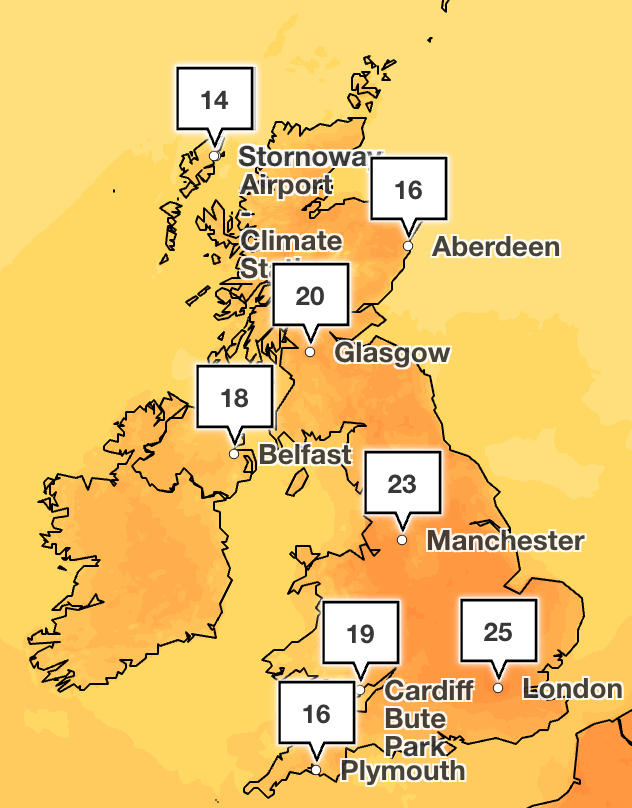 Temperatures will be higher in the South, though the North will still see mild weather on Friday (Met Office)