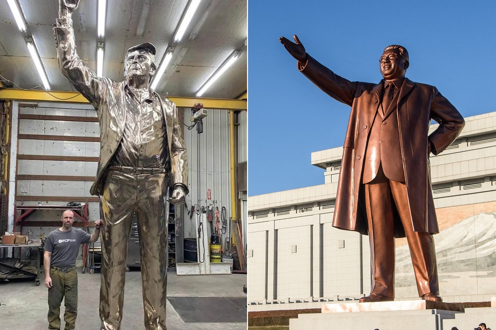 The statue of President Trump, depicted here before it was painted in gold, has been compared to a statue of dictator Kim Jong-il in North Korea (Instagram/alan cottrill/AFP/Getty)