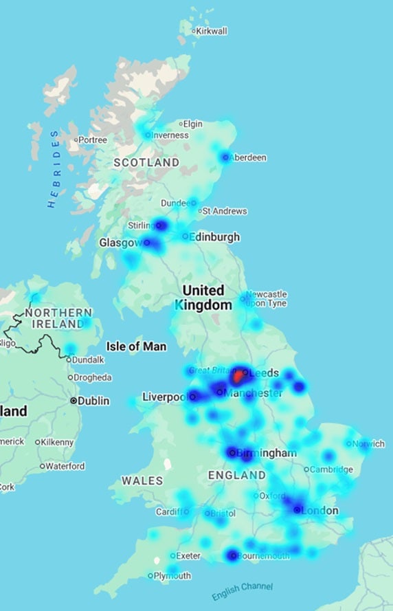 A ‘hot spot’ map created by Trading Standards of high streets across the UK for “dodgy shops”. (Source: Trading Standards)