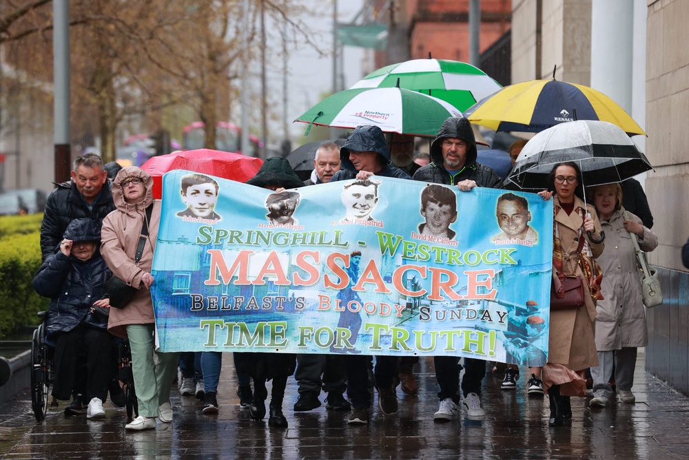 Relatives of those was killed during the Springhill Westrock killings, outside the coroners court at Laganside in Belfast in 2024 (PA) (PA Archive)