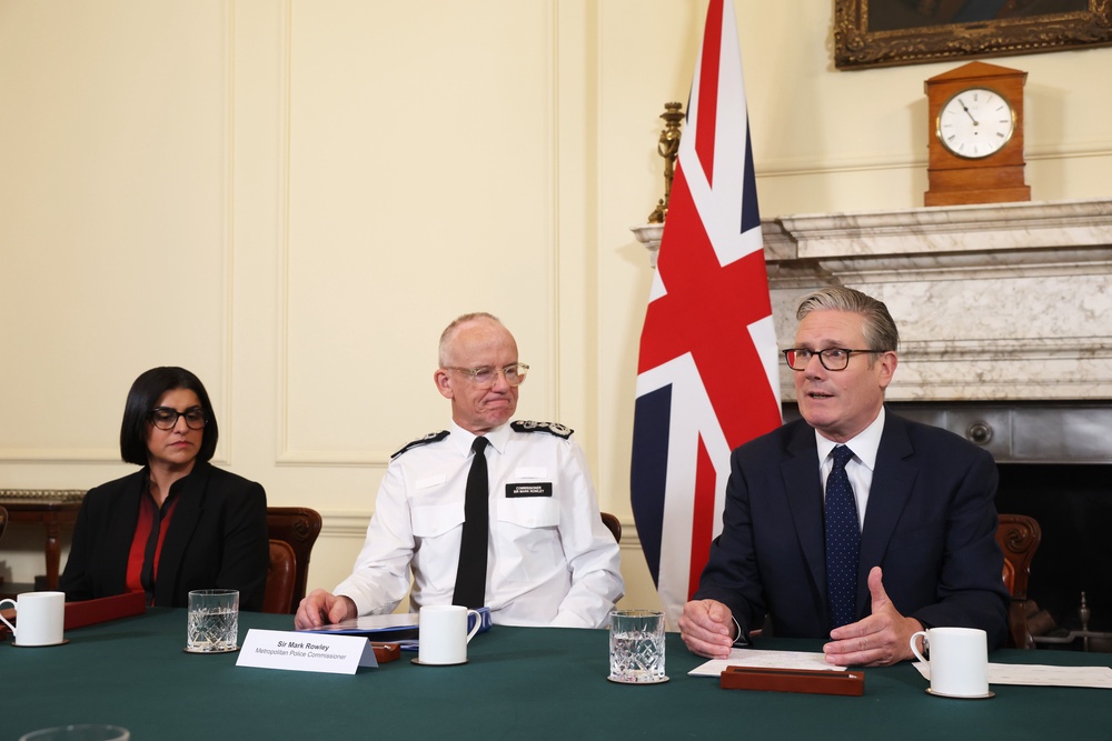 Home Secretary Shabana Mahmood, Met Police Commissioner Sir Mark Rowley, and Prime Minister Sir Keir Starmer, during a meeting with representatives from criminal justice agencies (PA)