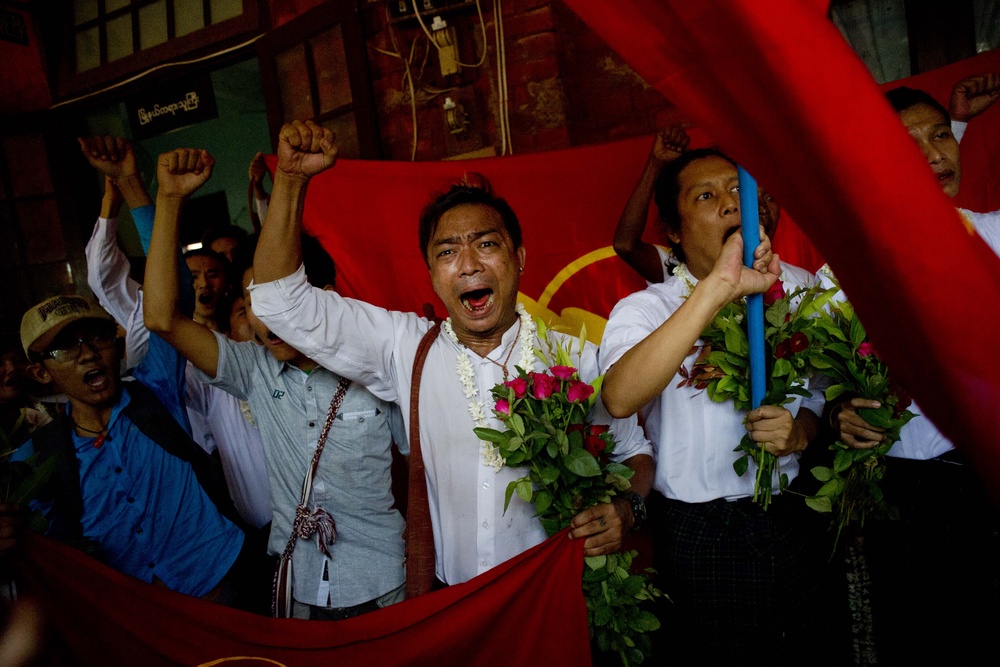 Student protesters arrive for a hearing at their trial in Tharrawaddy town, Bago Region, in Myanmar (AFP/Getty)