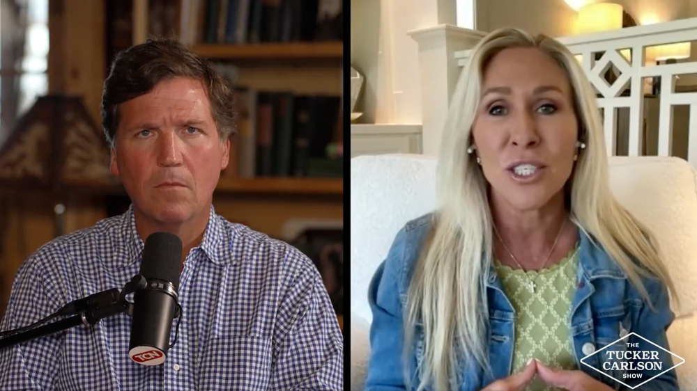 Former Republican representative Marjorie Taylor Greene attacked members of the GOP she believes to be excessively beholden to their donors in a conversation with Tucker Carlson (The Tucker Carlson Show)