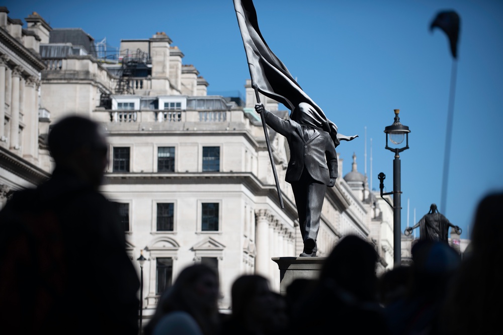 Banksy erects statue in central London. (Banksy/PA)