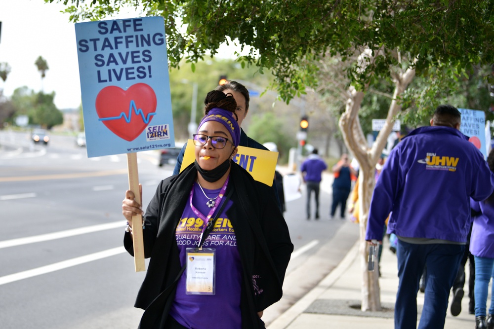 Healthcare workers rally against staffing shortages at California’s West Hills Hospital in January 2023. Worker shortages have plagued hospitals around the country for a decade (Getty)