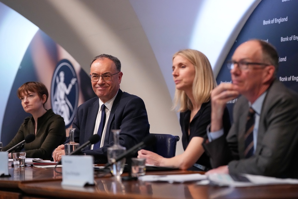 Deputy governor of the Bank of England Clare Lombardelli, governor Andrew Bailey, head of media Katie Martin and Bank of England deputy governor for markets and banking Dave Ramsden (Kirsty Wigglesworth/PA) (PA Wire)