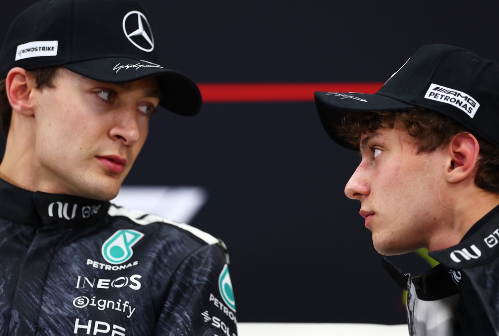 Kimi Antonelli (right) and George Russell (left) lead the way for Mercedes early on this season (Getty)