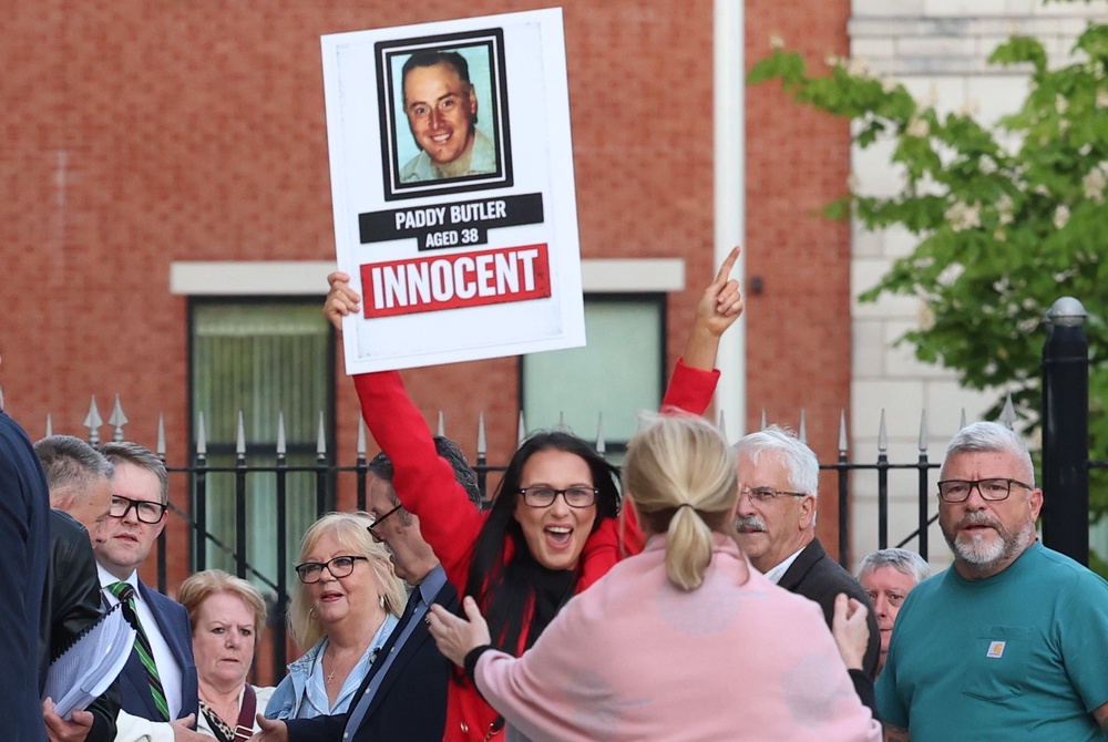 Natasha Butler with relatives of those killed during the Springhill Westrock killings outside Belfast Coroner’s Court (Liam McBurney/PA) (PA Wire)
