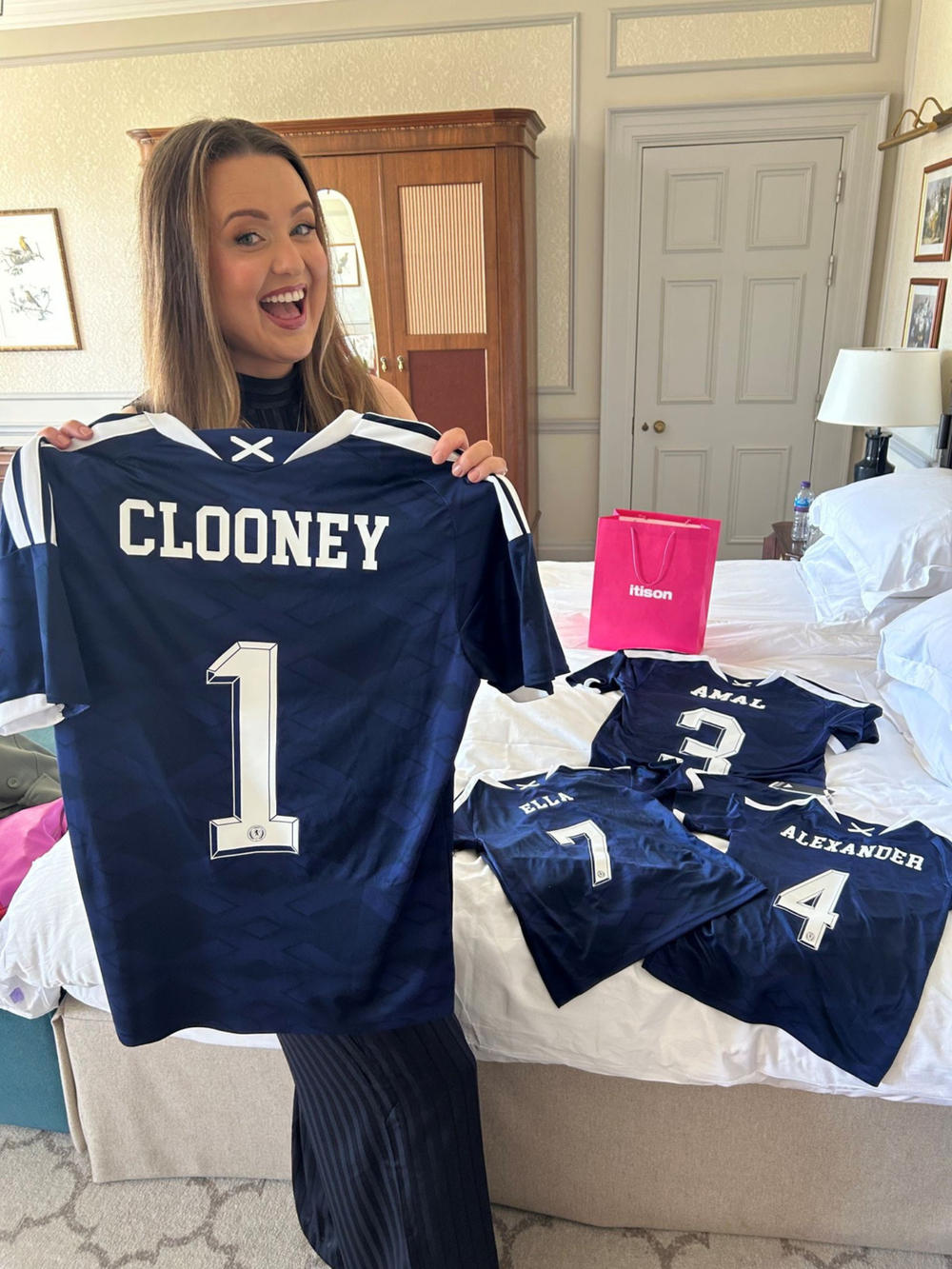 Scot Claire Phale gave George Clooney a Scotland strip (Social Bite/PA) (Social Bite)