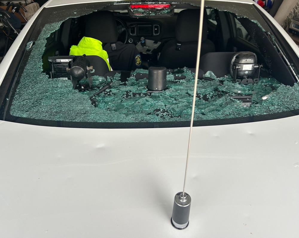 A Missouri State Highway Patrol vehicle's back window is shattered following the storm (Missouri State Highway Patrol/Facebook)