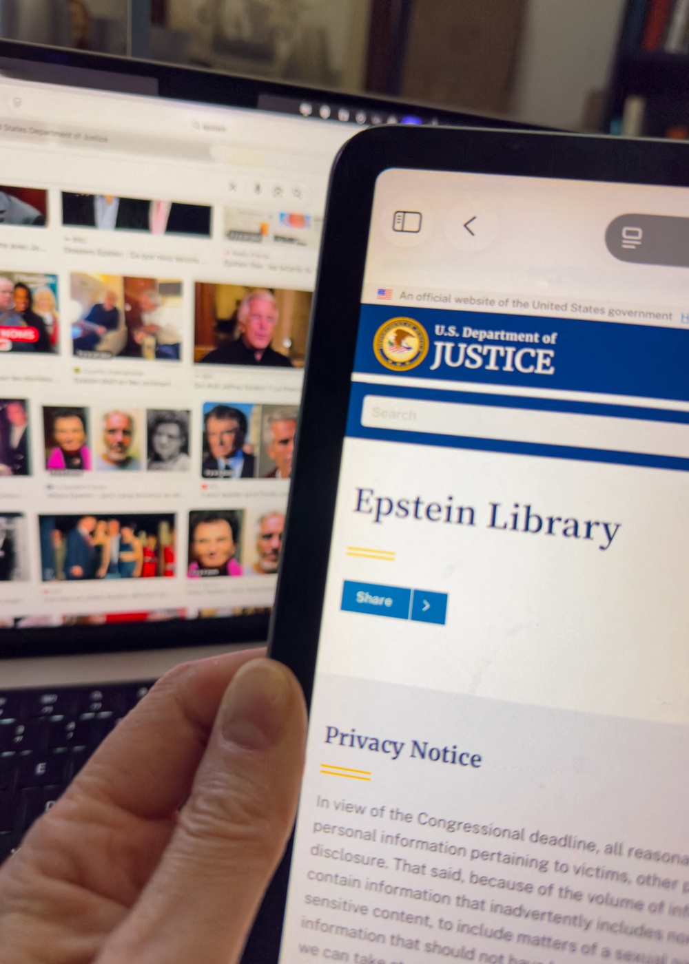 A digital tablet screen shows the Department of Justice’s webpage for documents related to Jeffrey Epstein, who may have left a suicide note that the DOJ says it’s never seen (AFP/Getty)