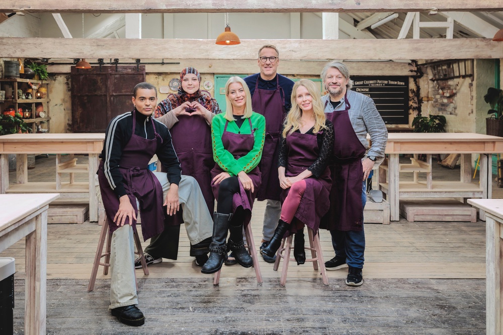 The celebrity lineup for a new edition of The Great Pottery Throw Down, L-R: Layton Williams, Fatiha El Ghorri, Denise Van Outen, Paul Merson, Lucy Beaumont, Richard Herring (Channel 4 / Love Productions)