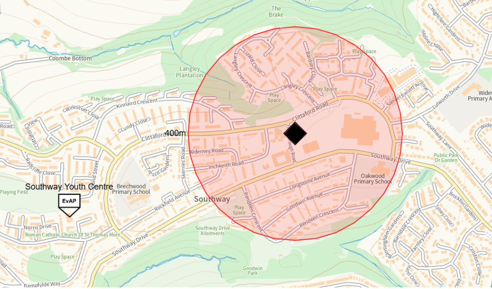 Map of the 400m cordon in Plymouth as bomb disposal team works on the site (Plymouth City Council)