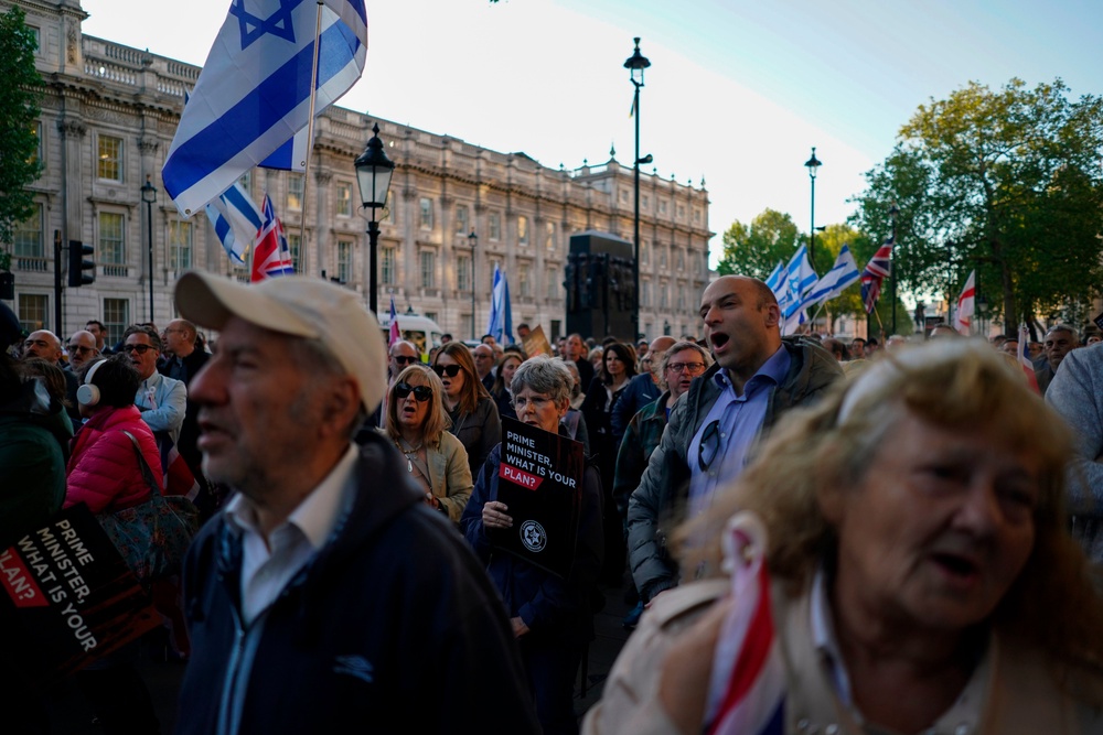 Protesters gathered near Downing Street during a “national emergency” rally organized by the Campaign Against Antisemitism (AP)