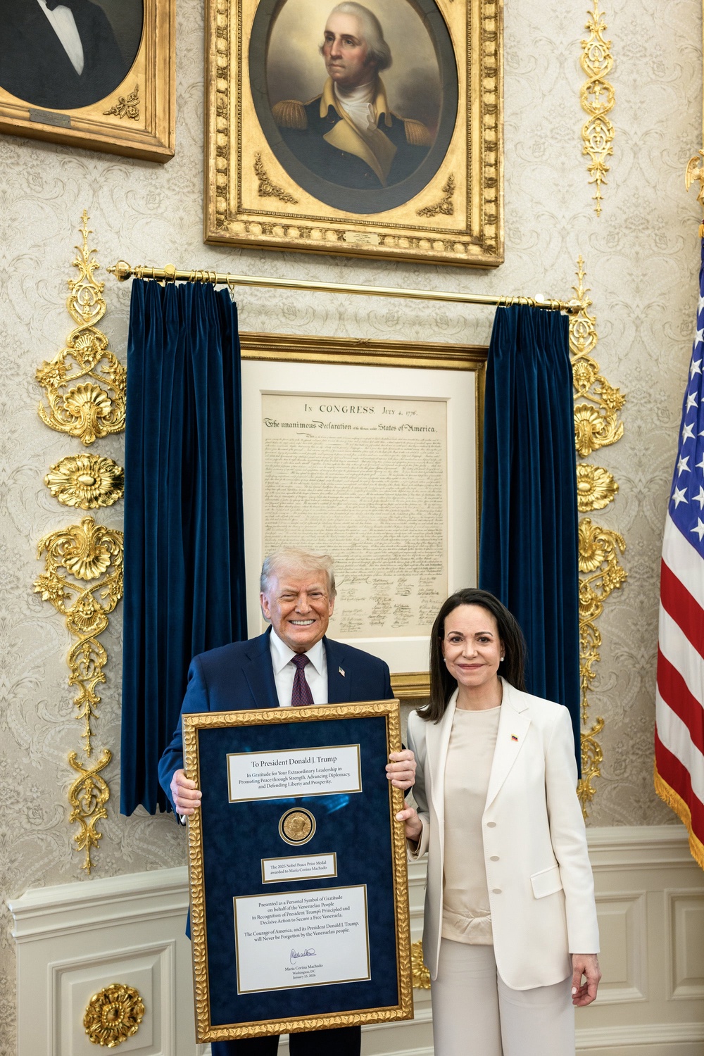 Machado presented her Nobel Peace Prize to Trump earlier this year (White House via Getty Images)