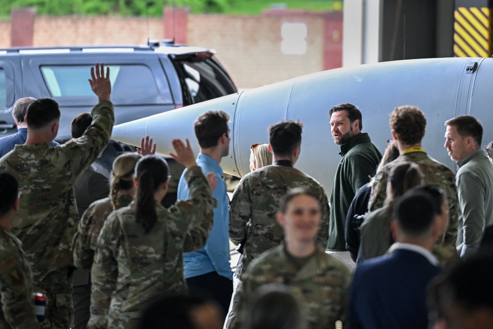 US vice president JD Vance visits US military members during a refuelling stop at Ramstein air base en route to Joint Base Andrews, Maryland in April 2025 (AFP/Getty)