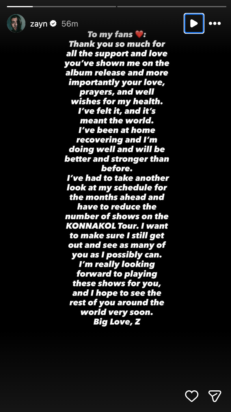 Zayn Malik penned a note to his fans revealing US tour date cancelations (Zayn Malik/Instagram)