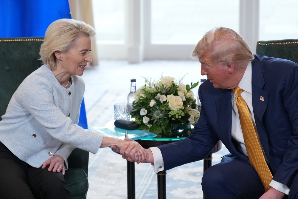 President of the European Commission Ursula von der Leyen shakes hands with U.S. President Donald Trump during a meeting at Trump Turnberry golf club on July 27, 2025 in Turnberry, Scotland (Getty)