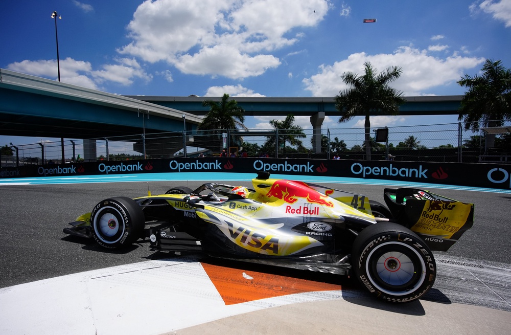 Arvid Lindblad driving Racing Bulls’ special-edition car in Miami (PA)