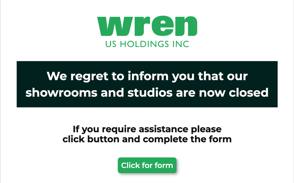 A form page is all that's left of Wren Kitchen's U.S. website after the company filed for Chapter 7 bankruptcy and shuttered all 15 of its U.S. locations (screengrab/Wren Kitchens)