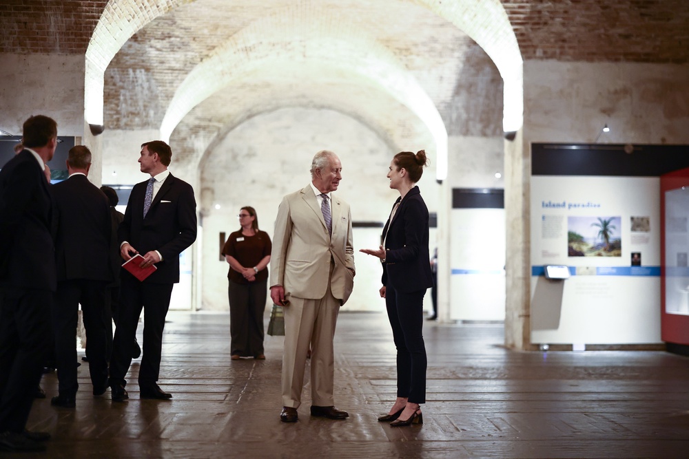 The King during a visit to the National Museum of Bermuda, at The Keep Yard on Ireland Island (PA) (PA Wire)