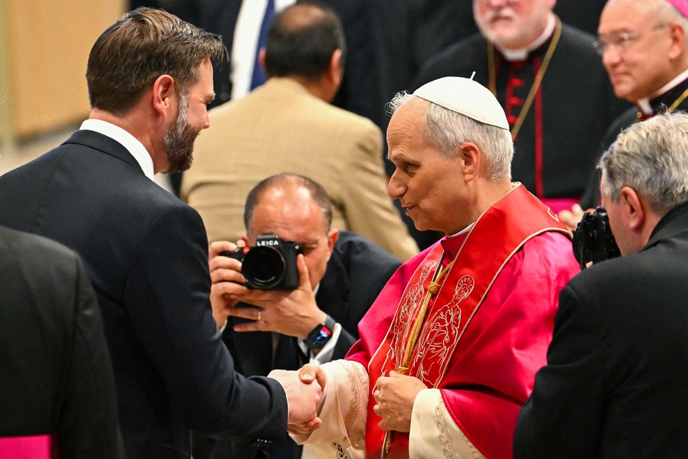 Pope Leo XIV shakes hands with Vice President JD Vance. The vice president has warned the pope should be 'careful when he talks about matters of theology' (AFP via Getty Images)