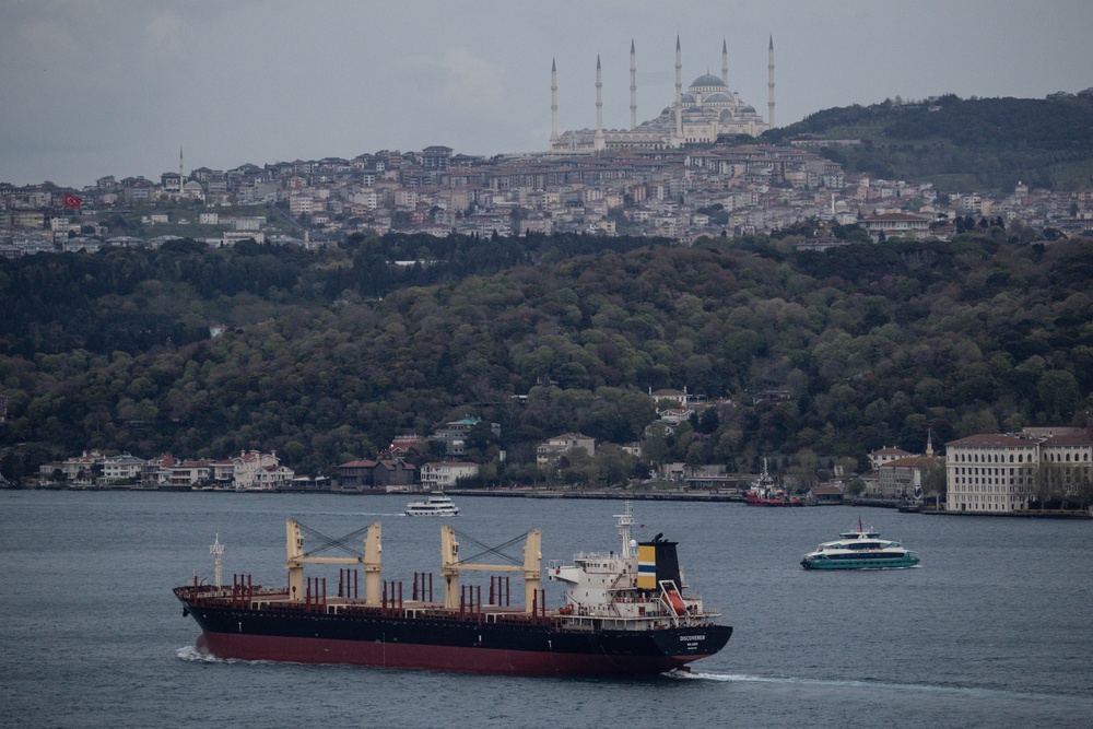 A ship navigates the Bosphorus Strait in Istanbul, Turkey. (Getty)