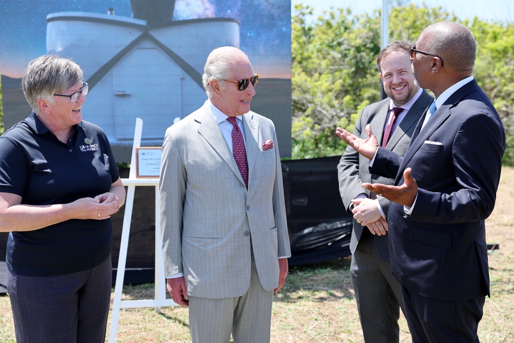 The King (centre) during a visit to the new UK Space Agency observatory on Cooper’s Island (Chris Jackson/PA) (PA Wire)