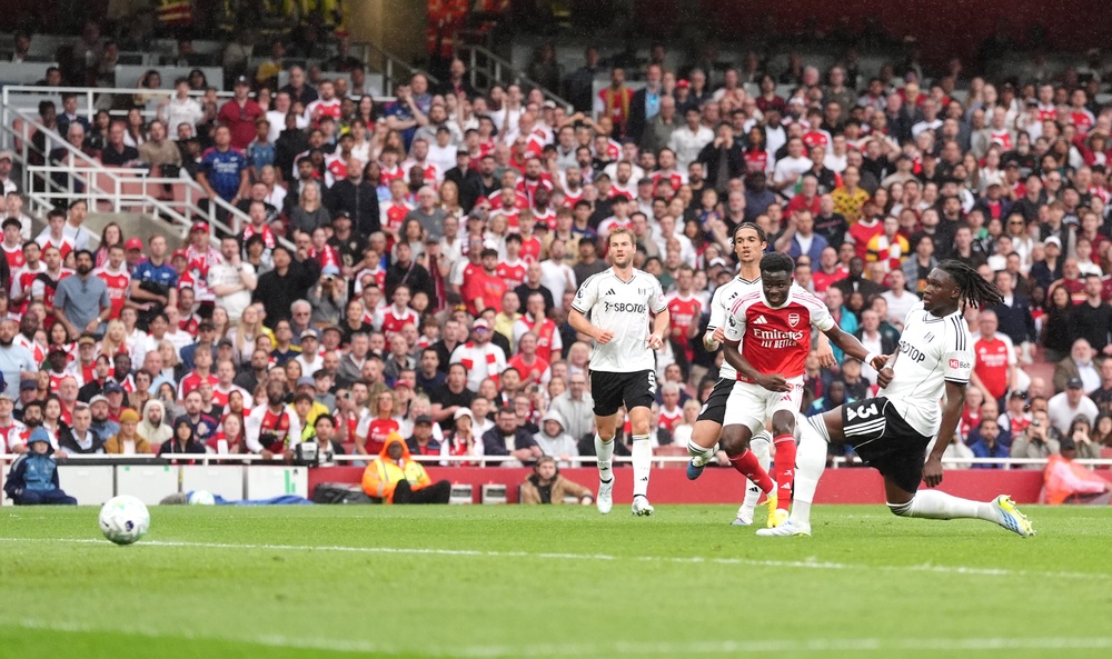 Bukayo Saka converts No 2 for the Gunners (PA)