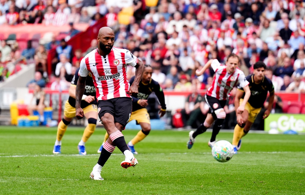 Igor Thiago scores Brentford’s second goal from the penalty spot (John Walton/PA) (PA Wire)