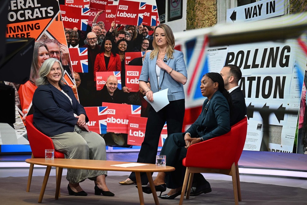 Laura Kuenssberg told viewers Nigel Farage was absent, as she prepared to interview (left to right) transport secretary Heidi Alexander, Green Party leader Zack Polanski and Conservative Party leader Kemi Badenoch (BBC)